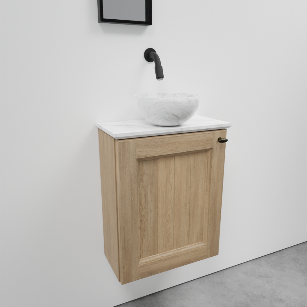 Balmani Lemon zwevend toiletmeubel 42 x 21 cm verweerde eik met Facetta tablet en Bari XS waskom in Carrara marmer