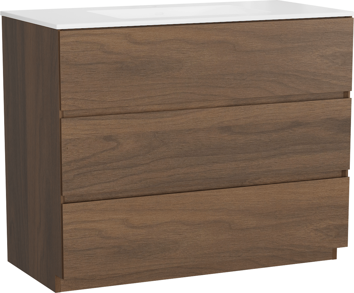Storke Edge freistehendes Möbelstück Set: 105 x 52 cm, Nussbaum, mit Bilia Einzelwaschtisch, Marmorkomposit Weiß glänzend