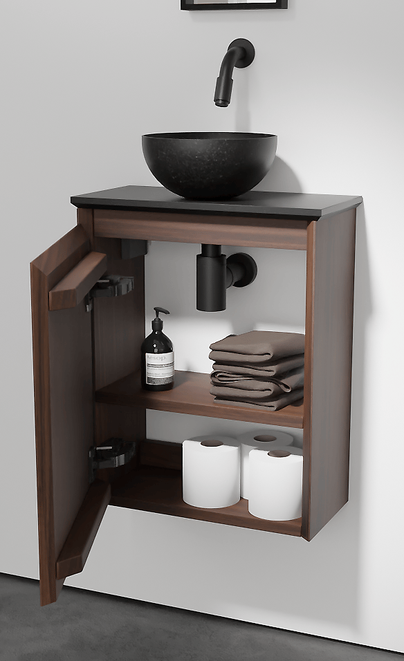 Balmani Mitra meuble wc suspendu 42 x 21 cm noyer américain avec Facetta tablette et Bari XS vasque à poser en granite aiguisé
