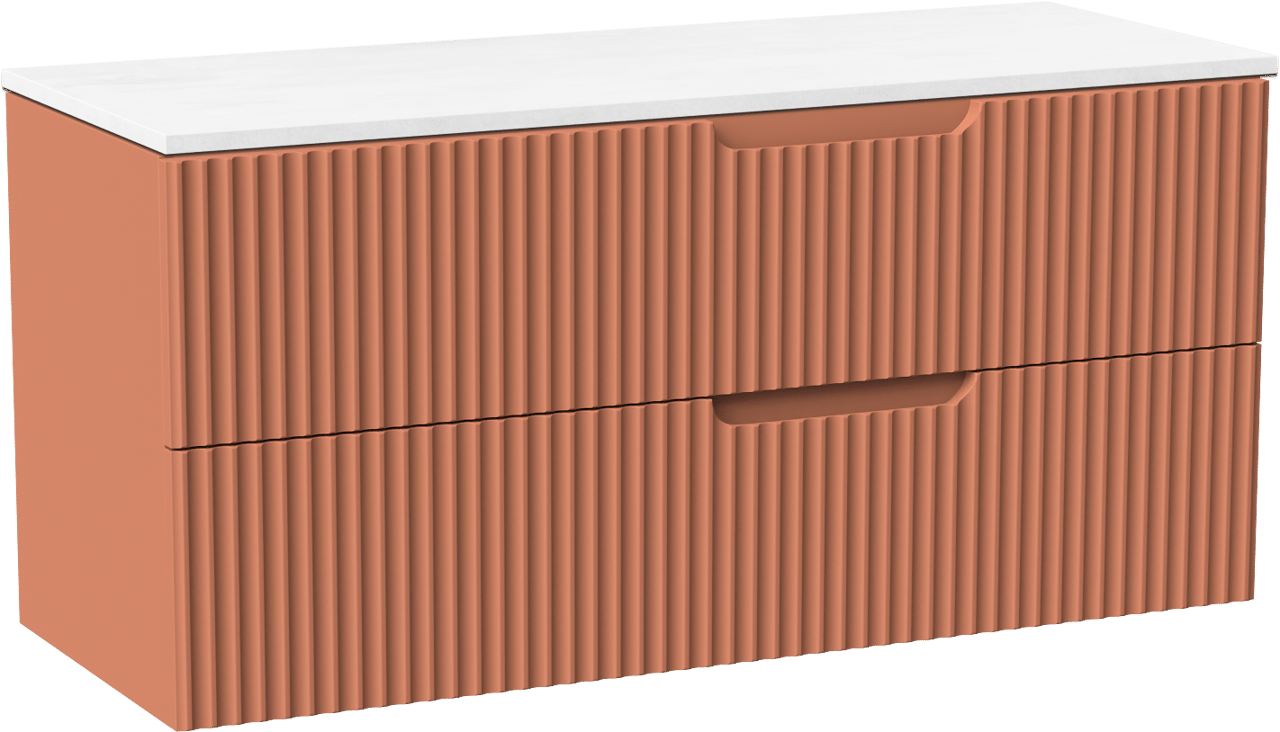 Linie Ribbo zwevend badmeubel 120 x 46 cm cotto met Lado dubbel wastafelblad in composietmarmer hoogglans wit, Verticale symmetrische ronde ribbel