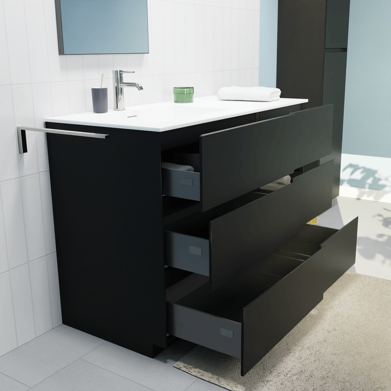 Storke Edge meuble salle de bains à poser 110 x 52 cm noir mat avec Mata plan vasque asymétrique à gauche en solid surface blanc mat