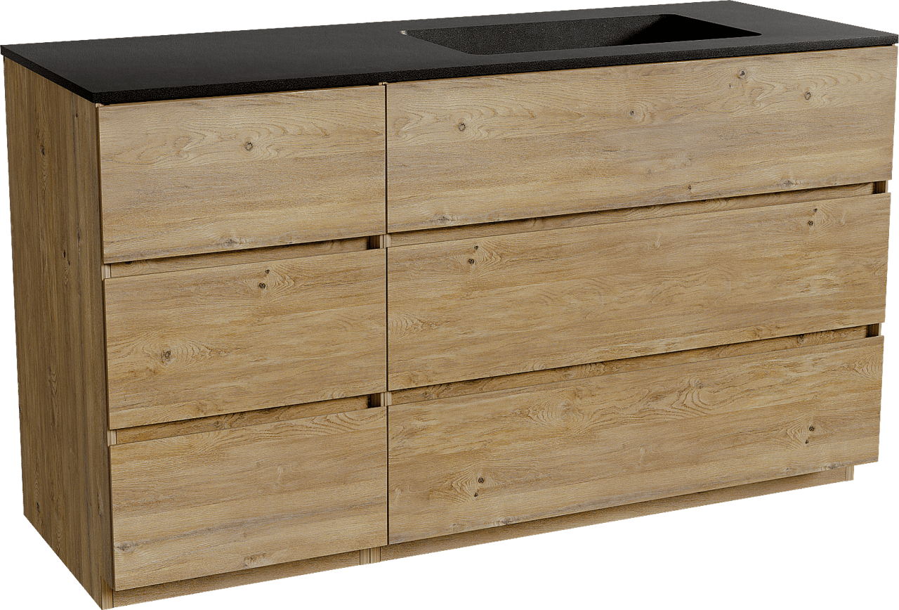 Storke Edge staand badmeubel 140 x 52 cm ruw eiken met Scuro asymmetrisch rechtse wastafel in kwarts mat zwart