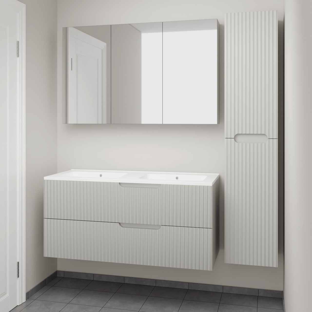 Linie Ribbo zwevend badkamermeubel 120 x 46 cm greige met Vano dubbele wastafel in composietmarmer mat wit, Verticale symmetrische ronde ribbel, Montro spiegelkast en Ribbo badkamerkast