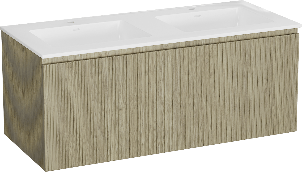 Storke Ribs meuble salle de bains suspendu 120 x 52 cm chêne brut avec Bilia double vasque en marbre composite blanc brillant, Nervure droite symétrique verticale
