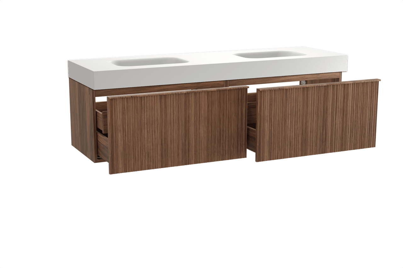 Balmani Forma hängendes Möbelstück Set: 180 x 55 cm, Amerikanischer Nussbaum, mit Arcato Doppelwaschtisch, Solid Surface, Weiß matt, Vertikale asymmetrische Runde Rippe