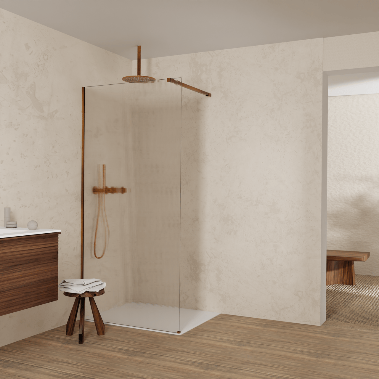 Balmani Modular Walk-In Dusche: 100 x 200 cm, Ribs, inklusive Coating, Profil Brushed Rosegold