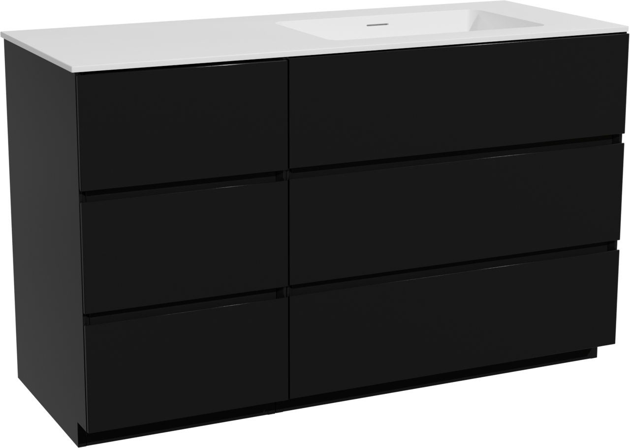 Storke Edge freistehendes Möbelstück Set: 130 x 52 cm, Schwarz matt, mit Mata Waschtisch rechts, Solid Surface Weiß matt