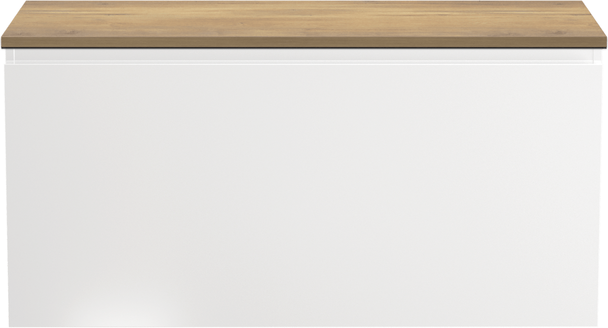 Linie Lado hängendes Möbelstück Set: 100 x 46 cm, Weiß glänzend, mit Lado Einzel- oder Doppel Waschtischplatte, Melamin Naturbelassene Eiche