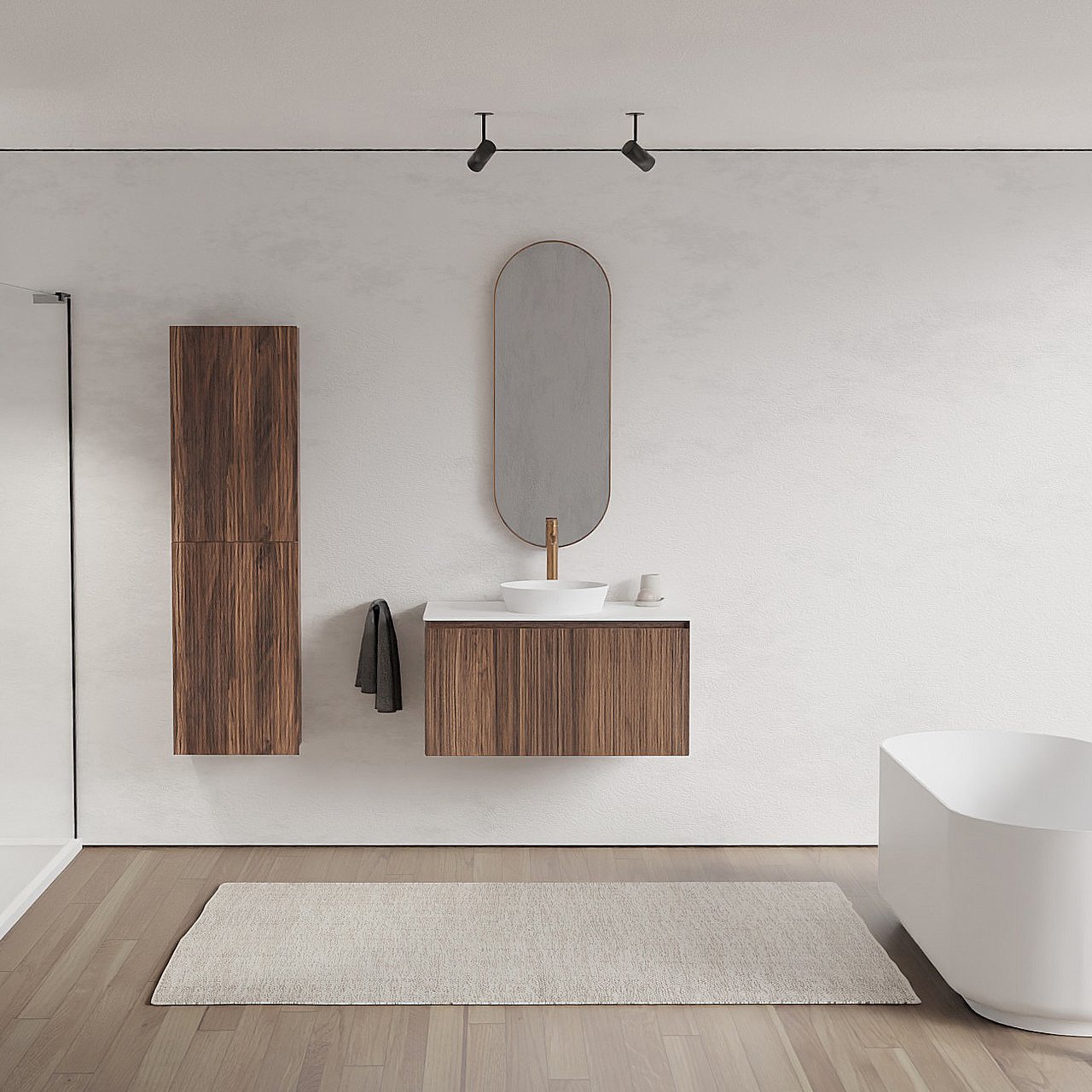 Balmani Fila by Mitra meuble salle de bains suspendu 90 x 55 cm noyer avec Stretto tablette simple en solid surface blanc mat, Nervure droite symétrique verticale