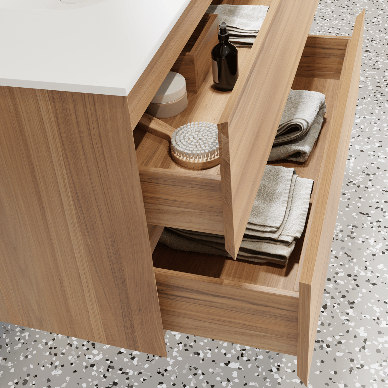 Balmani Mitra zwevend badkamermeubel 75 x 55 cm teak met Tablo Arcato enkele wastafel in solid surface mat wit
