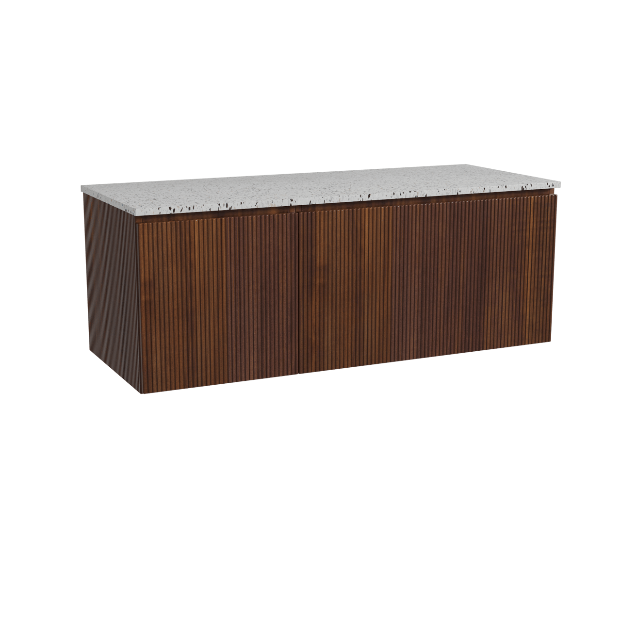 Storke Ribs zwevend badmeubel 130 x 52 cm notenhout met Tavola enkel of dubbel wastafelblad in mat wit/zwart terrazzo, Verticale symmetrische rechte ribbel