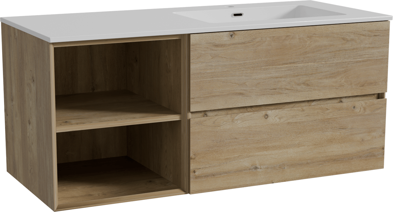 Storke Edge meuble salle de bains suspendu 120 x 52 cm chêne brut avec Diva plan vasque asymétrique à droite en marbre composite blanc brillant