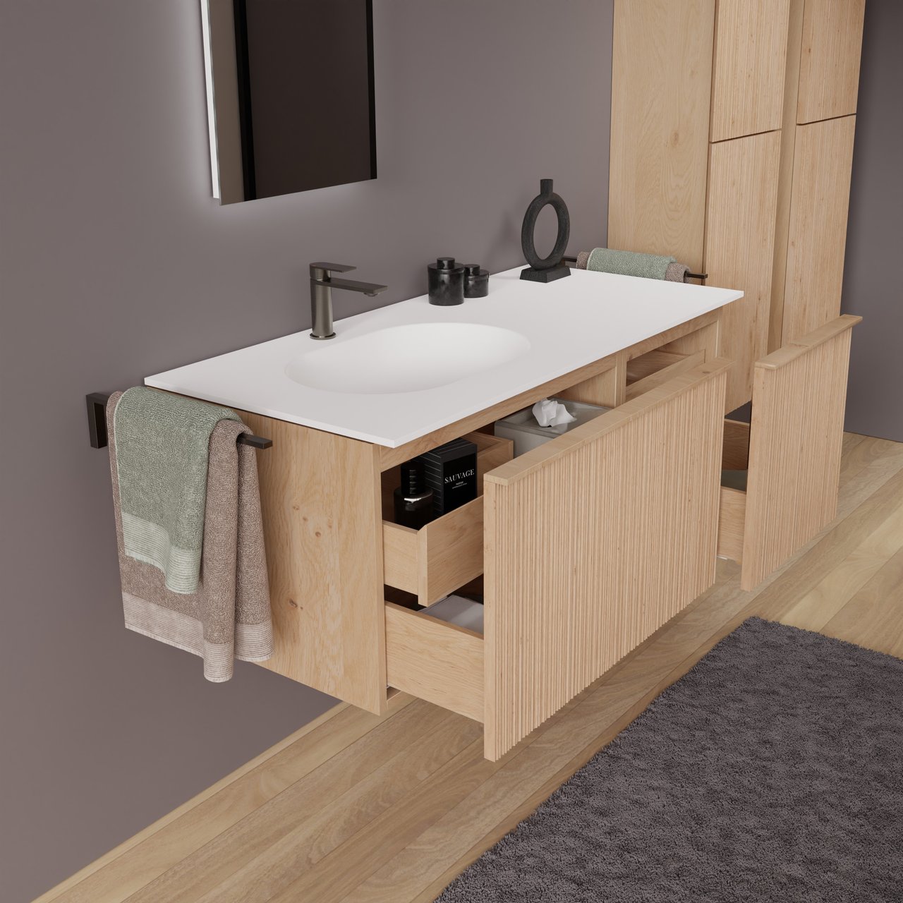 Balmani Forma hängendes Möbelstück Set: 120 x 55 cm, Naturbelassene Eiche, mit Tablo Oval Waschtisch links, Solid Surface, Weiß matt, Vertikale asymmetrische Runde Rippe