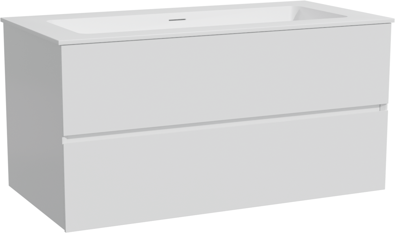 Storke Edge zwevend badkamermeubel 105 x 52 cm glanzend wit met Mata enkele wastafel voor 2 kraangaten in solid surface mat wit