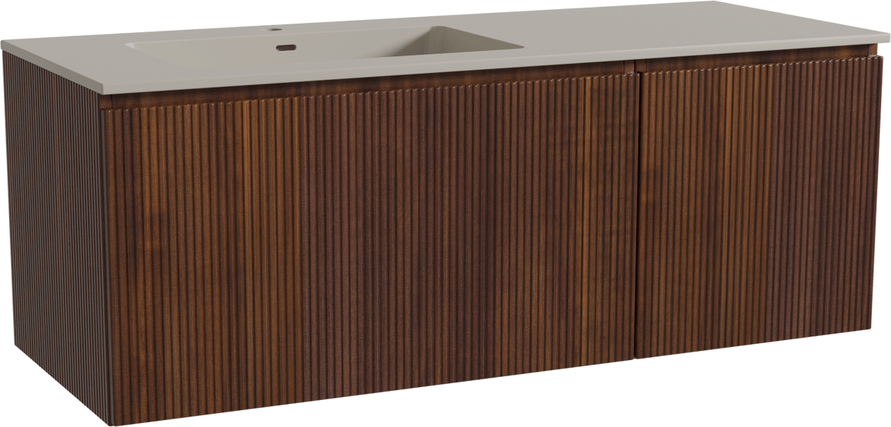 Storke Ribs zwevend badmeubel 130 x 52 cm notenhout met Diva asymmetrisch linkse wastafel in top solid zijdegrijs, Verticale symmetrische rechte ribbel