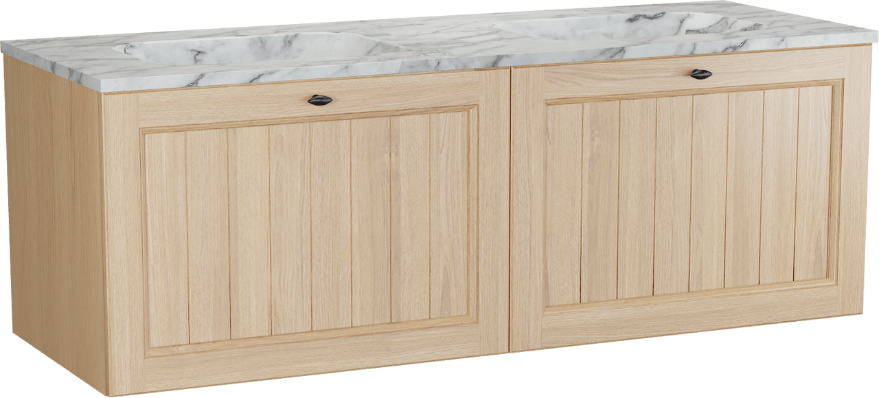 Balmani Lemon zwevend badkamermeubel 150 x 55 cm, fineer natuur eik met Tablo Arcato dubbele wastafel in carrara
