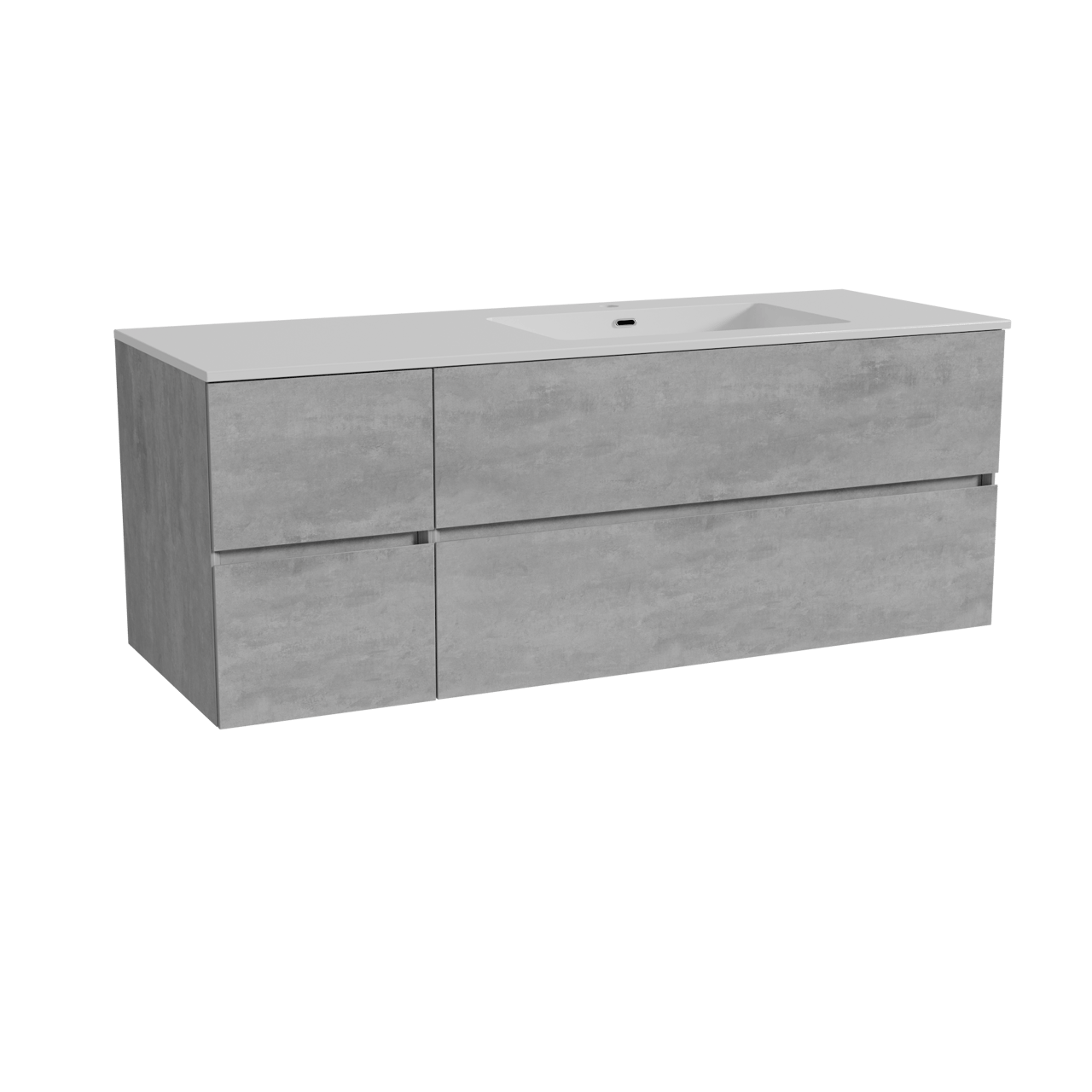 Storke Edge zwevend badkamermeubel 140 x 52 cm beton donkergrijs met Diva asymmetrisch rechtse wastafel in composietmarmer glanzend wit