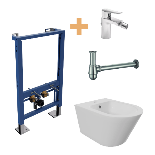 Bidet Set: Luca Varess Calibro, Wand-Bidet, Weiß, Luca Varess Verna Basis Vorwandelement, Blaufoss Lima Bidetarmatur Chrom glänzend und Ablauf