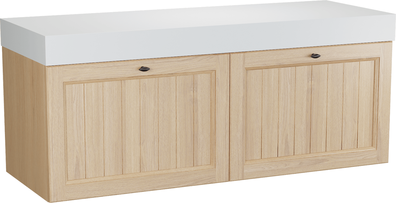 Balmani Lemon zwevend badkamermeubel 150 x 55 cm, fineer natuur eik met Dominus enkel of dubbel tablet in mat wit