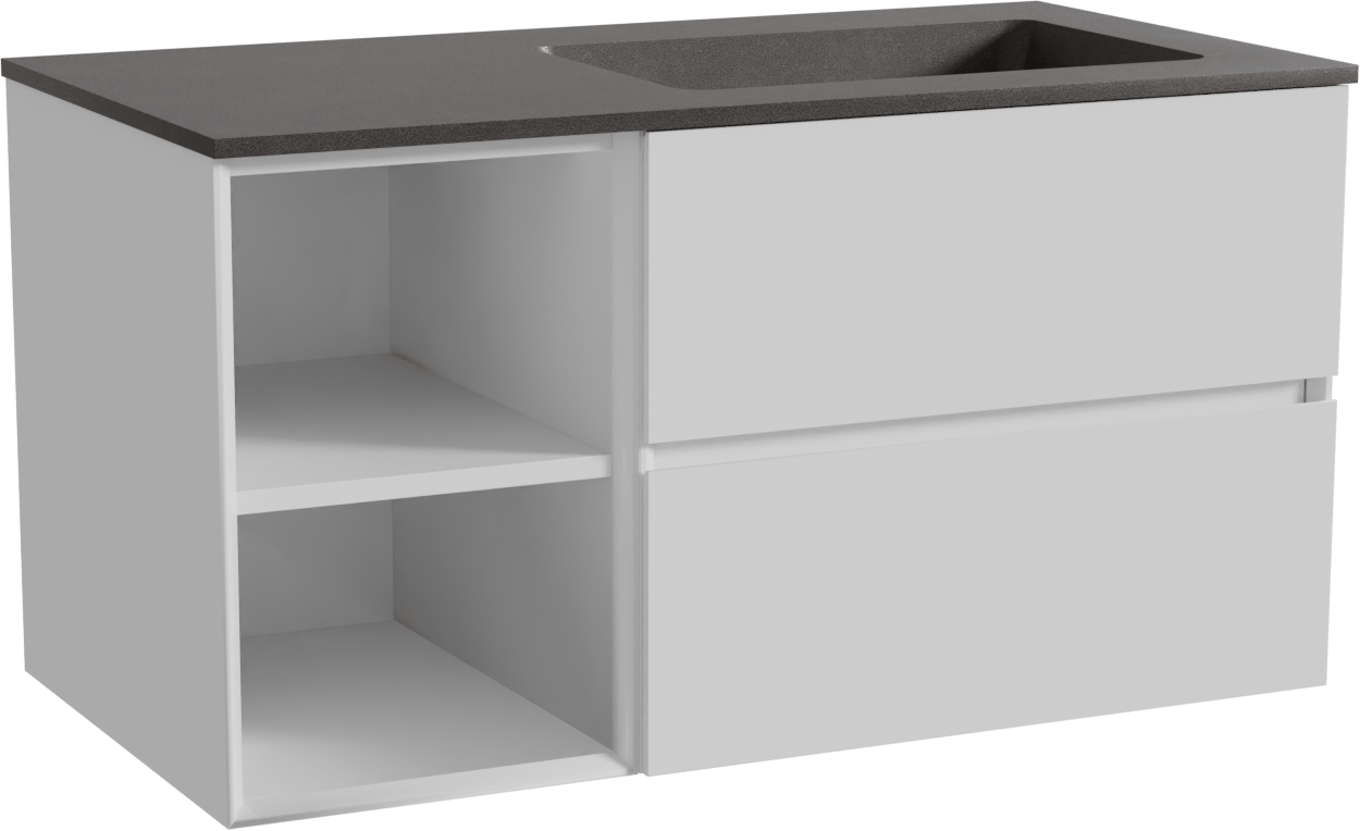 Storke Edge zwevend badmeubel 100 x 52 cm hoogglans wit met Scuro asymmetrisch rechtse wastafel in kwarts mat zwart