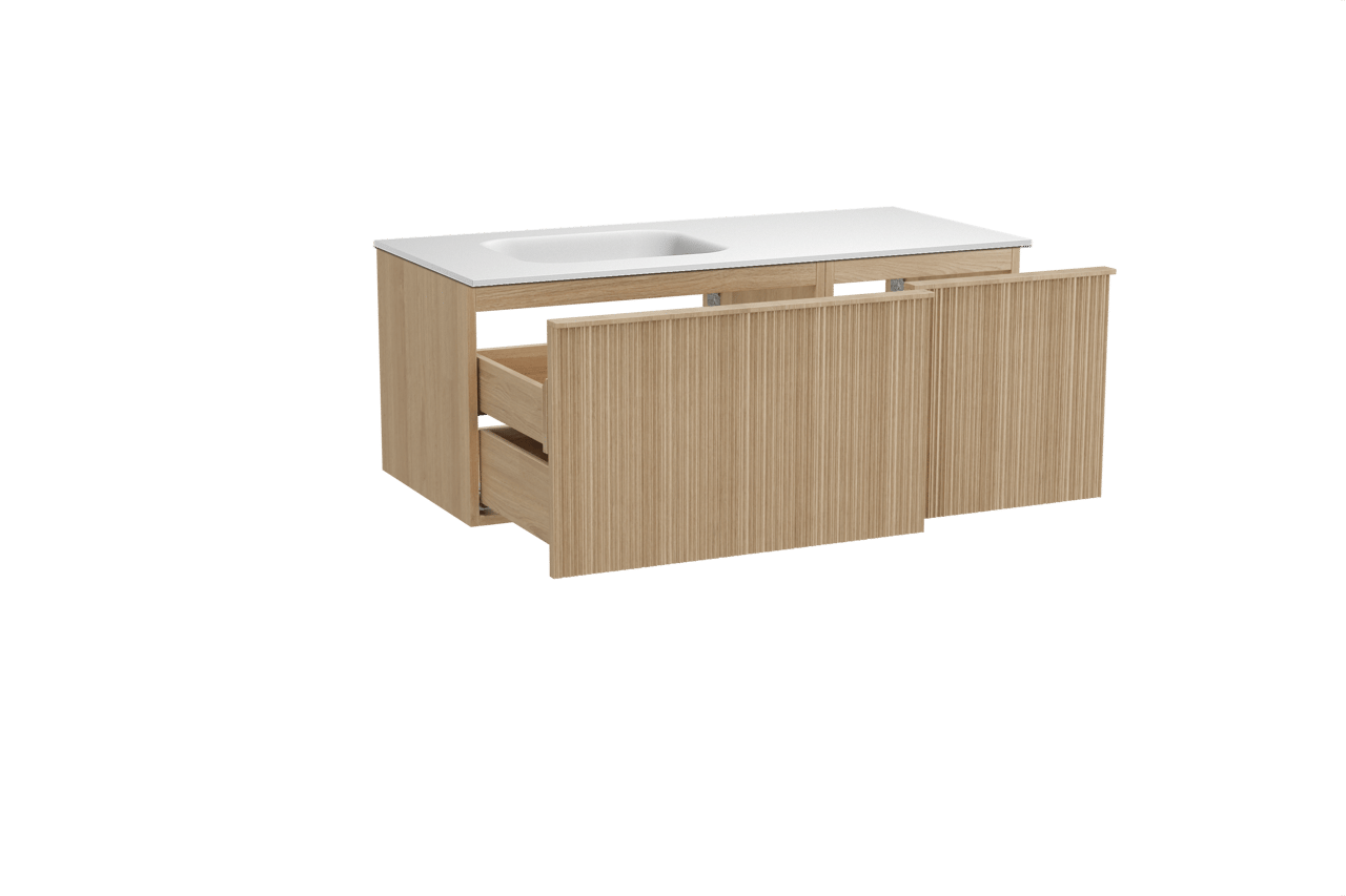 Balmani Forma hängendes Möbelstück Set: 120 x 55 cm, Naturbelassene Eiche, mit Tablo Arcato Waschtisch links, Solid Surface, Weiß matt, Vertikale asymmetrische Runde Rippe