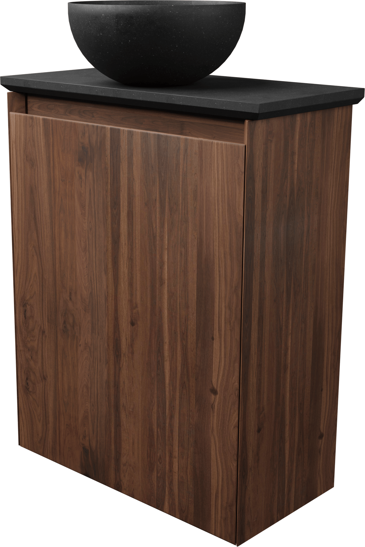 Balmani Mitra meuble wc suspendu 42 x 21 cm noyer américain avec Facetta tablette et Bari XS vasque à poser en granite aiguisé