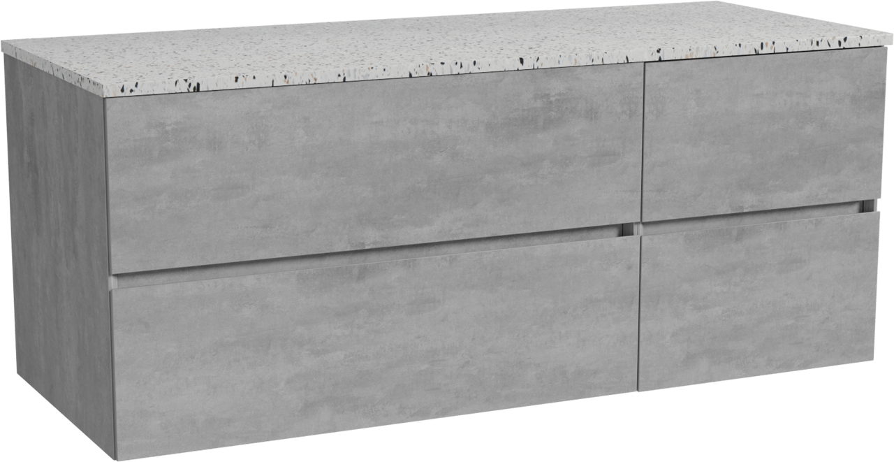 Storke Edge zwevend badkamermeubel 130 x 52 cm beton donkergrijs met Tavola enkel of dubbel tablet in mat wit/zwart terrazzo