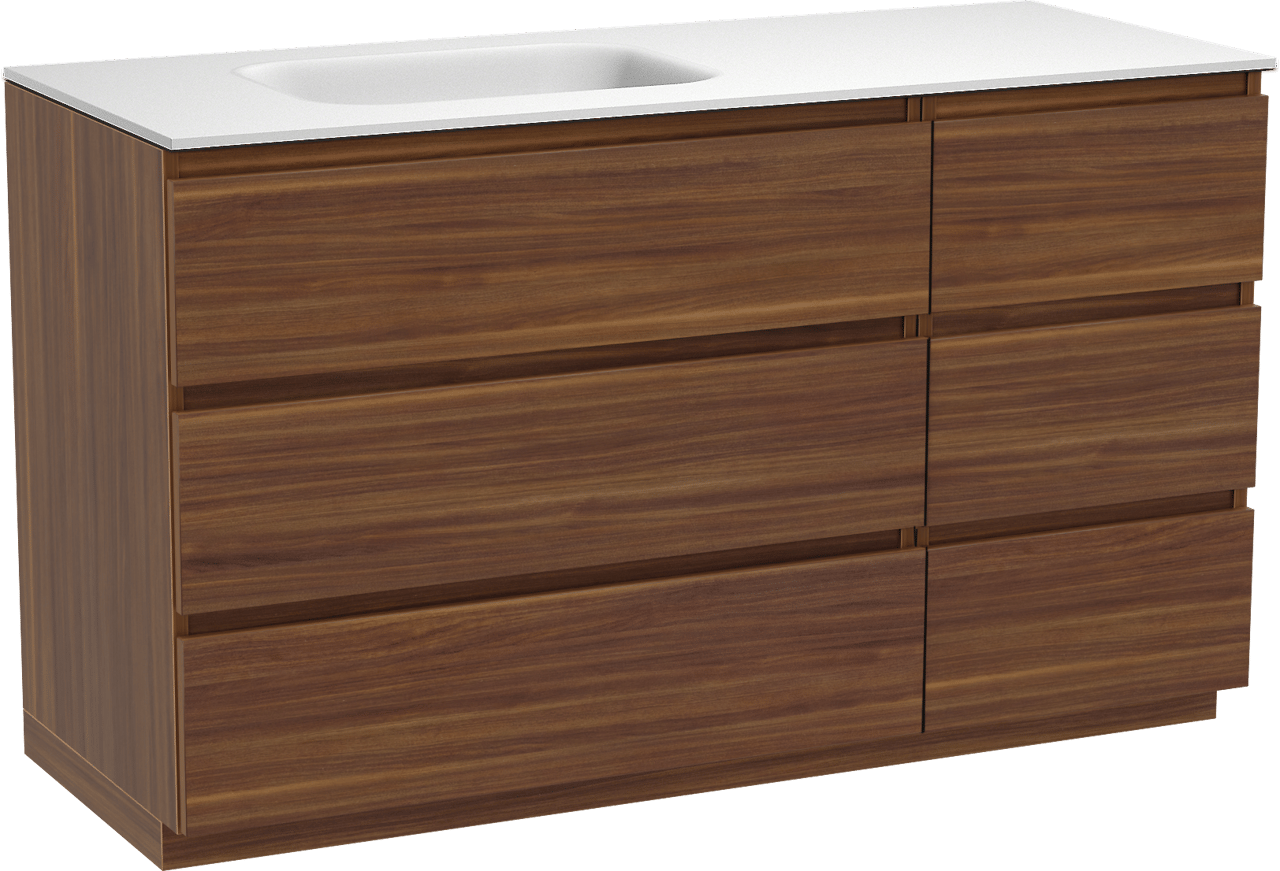 Balmani Lucida meuble salle de bains à poser 135 x 55 cm noyer américain avec Tablo Arcato plan vasque asymétrique à gauche en solid surface blanc mat