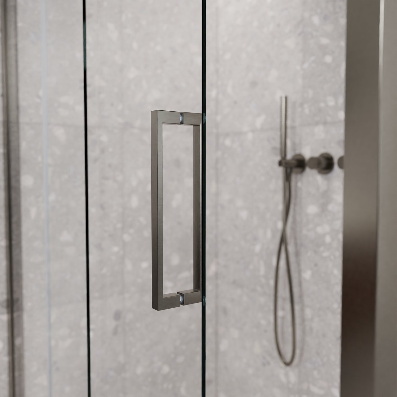 Balmani Senses Design douchehoek met linkse schuifdeur en vaste zijwand, 120 x 100 cm, Helder glas, Brushed GunMetal profielen, met coating