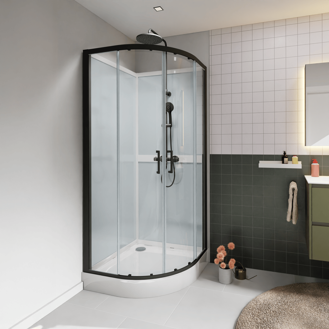 Luca Varess Talan kwartronde complete douchecabine met schuifdeuren 90 x 90 cm helder glas mat zwart profiel