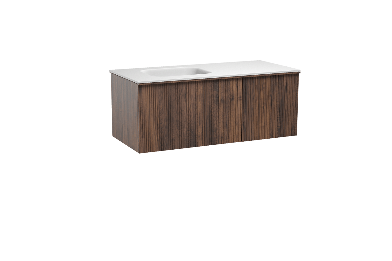 Balmani Forma hängendes Möbelstück Set: 120 x 55 cm, Amerikanischer Nussbaum, mit Tablo Arcato Waschtisch links, Solid Surface, Weiß matt, Vertikale symmetrische gerade Rippe