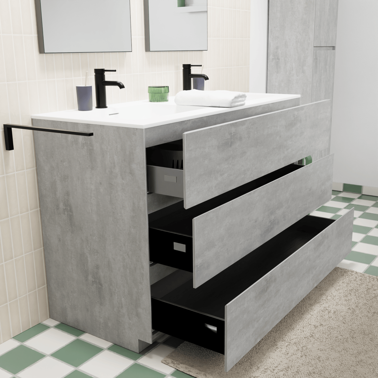 Storke Edge staand badkamermeubel 120 x 52 cm beton donkergrijs met Mata dubbele wastafel in solid surface mat wit