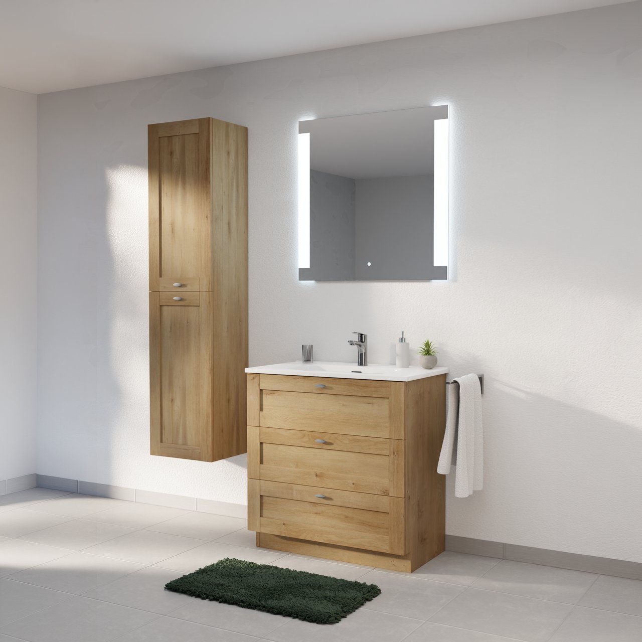 Linie Classo staand badmeubel 80 x 46 cm naturel eiken met Baro enkele wastafel in porselein hoogglans wit