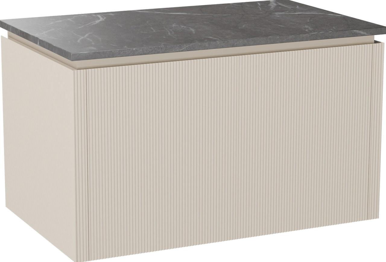 Balmani Eclips zwevend badkamermeubel 90 x 55 cm Sandbeige met Stretto enkel tablet in Pietra Grey marmer, Verticale symmetrische rechte ribbel