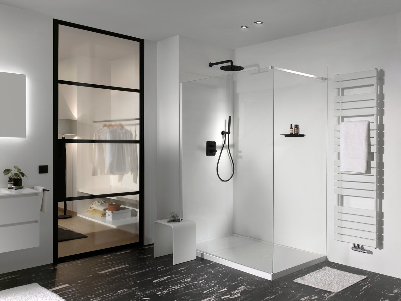 Balmani Modular douche à l'italienne 150 x 200 cm verre transparent profil blanc mat