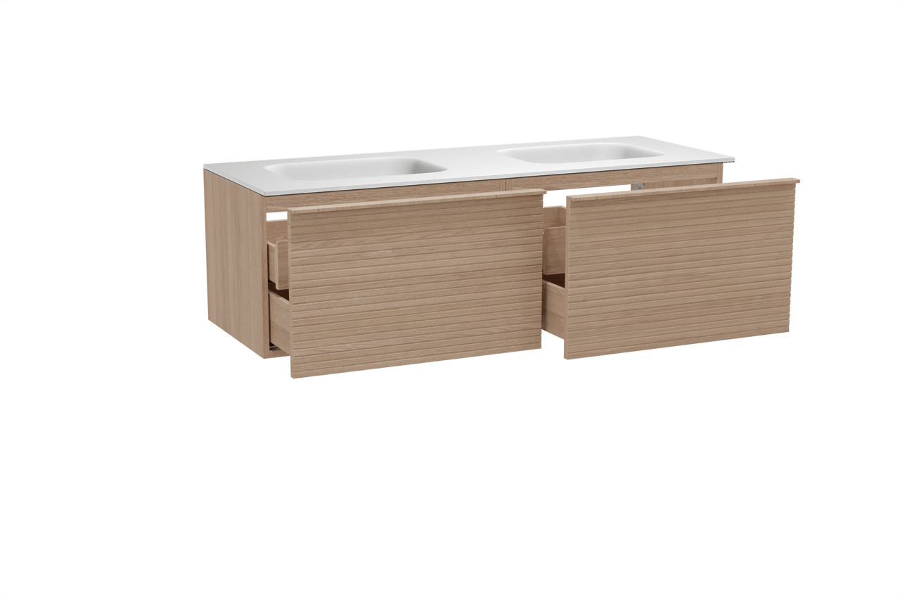 Balmani Forma zwevend badmeubel 150 x 55 cm naturel eiken met Tablo Arcato dubbele wastafel in solid surface mat wit, Horizontale symmetrische rechte ribbel