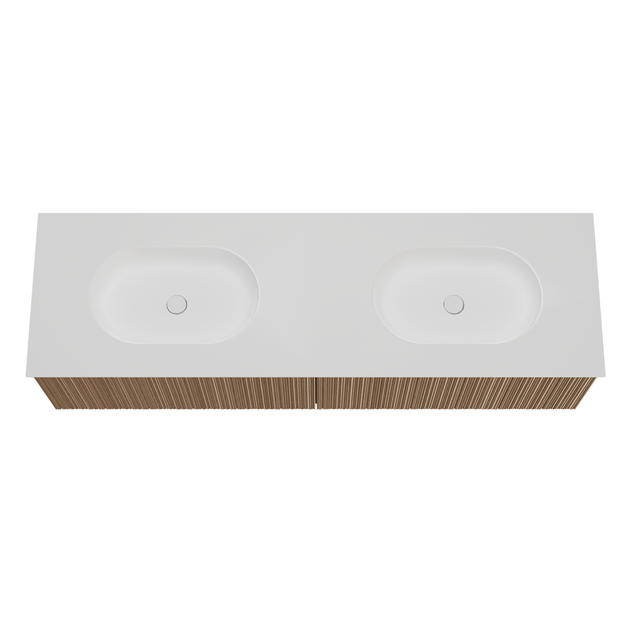 Balmani Forma zwevend badmeubel 180 x 55 cm naturel eiken met Tablo Oval dubbele wastafel in solid surface mat wit, Verticale asymmetrische ronde ribbel