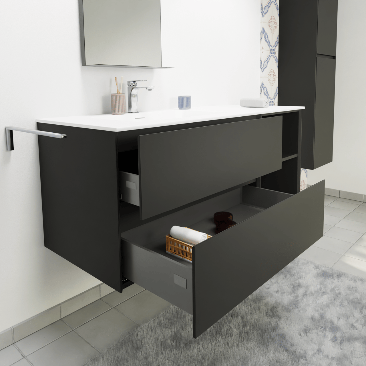 Storke Edge zwevend badkamermeubel 130 x 52 cm mat zwart met Mata asymmetrisch linkse wastafel in solid surface mat wit