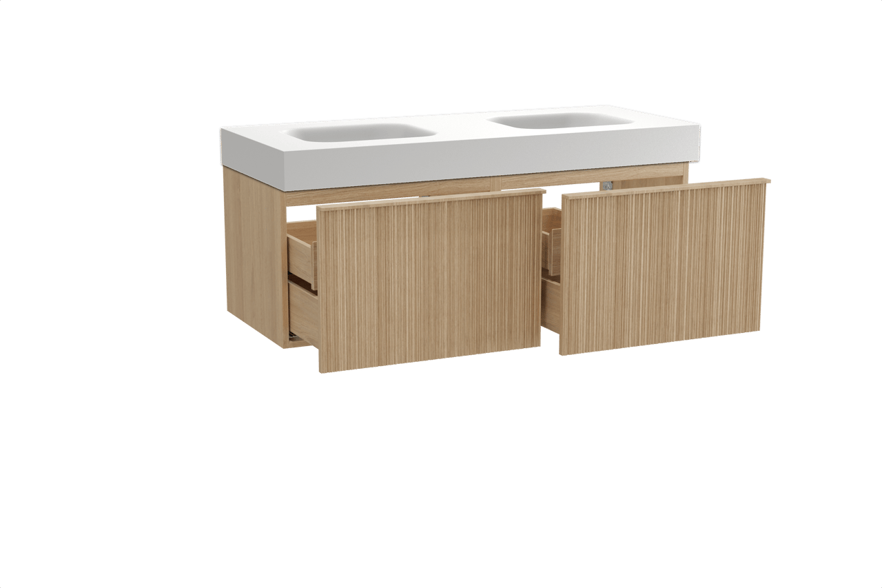 Balmani Forma zwevend badkamermeubel 135 x 55 cm natuur eik met Arcato dubbele wastafel in solid surface mat wit, Verticale asymmetrische ronde ribbel
