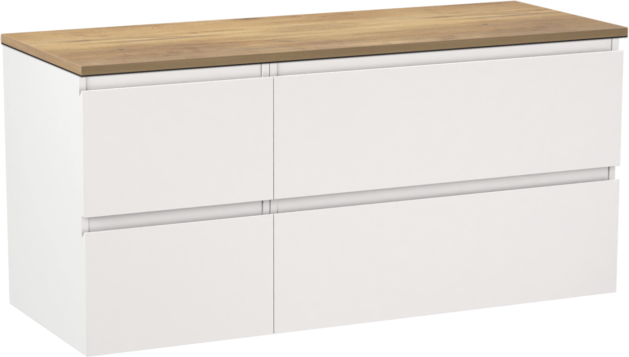 Linie Lado zwevend badmeubel 120 x 46 cm mat wit met Lado enkel of dubbel wastafelblad in melamine naturel eiken