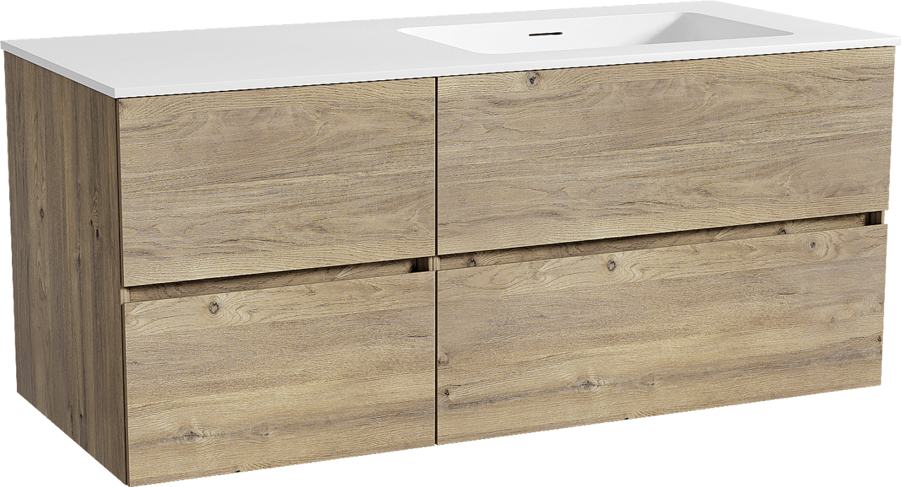 Storke Edge zwevend badkamermeubel 120 x 52 cm ruwe eik met Mata asymmetrisch rechtse wastafel in solid surface mat wit