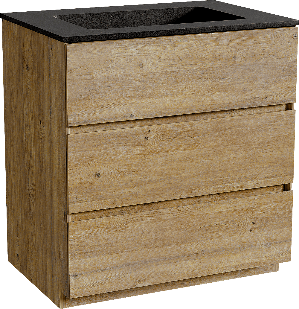 Storke Edge freistehendes Möbelstück Set: 75 x 52 cm, Rohe Eiche, mit Scuro Einzelwaschtisch, Quarz Schwarz matt
