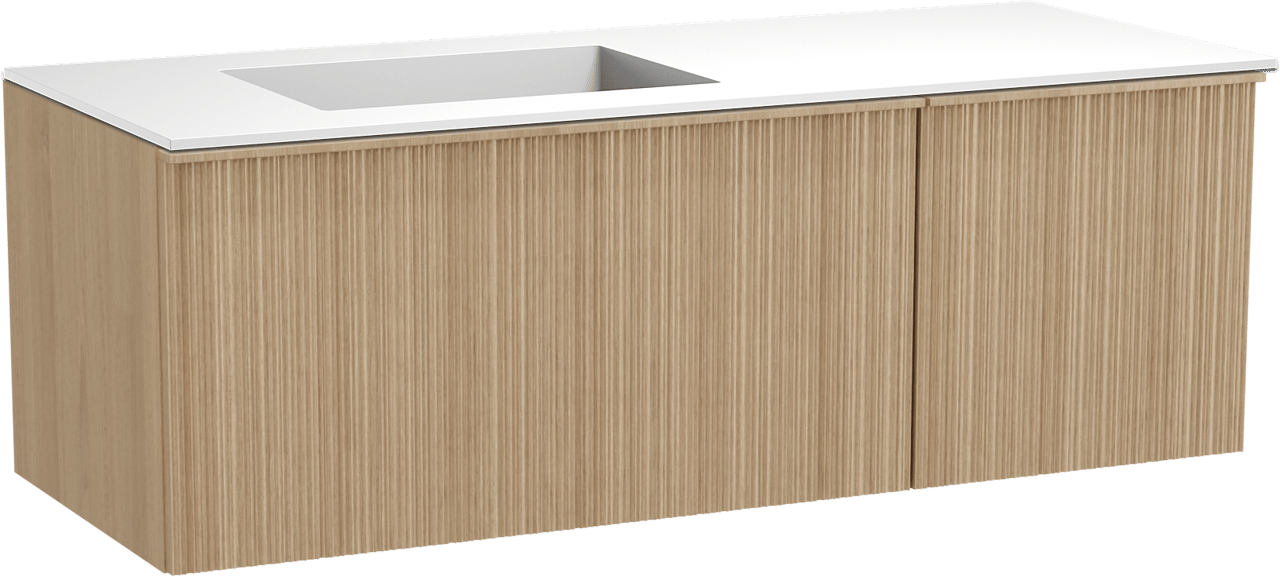Balmani Forma hängendes Möbelstück Set: 135 x 55 cm, Naturbelassene Eiche, mit Tablo Stretto Waschtisch links, Solid Surface, Weiß matt, Vertikale asymmetrische Runde Rippe