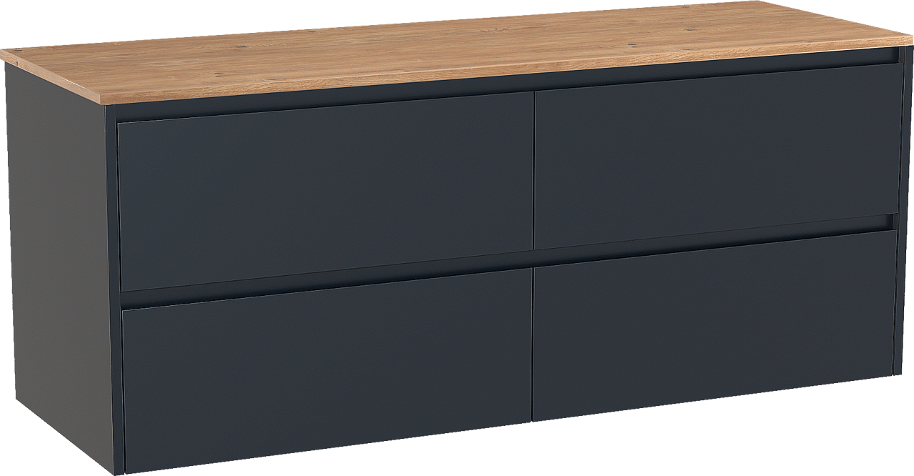 Storke Seda zwevend badkamermeubel 150 x 52 cm nachtblauw met Panton enkel of dubbel tablet in melamine ruwe eik