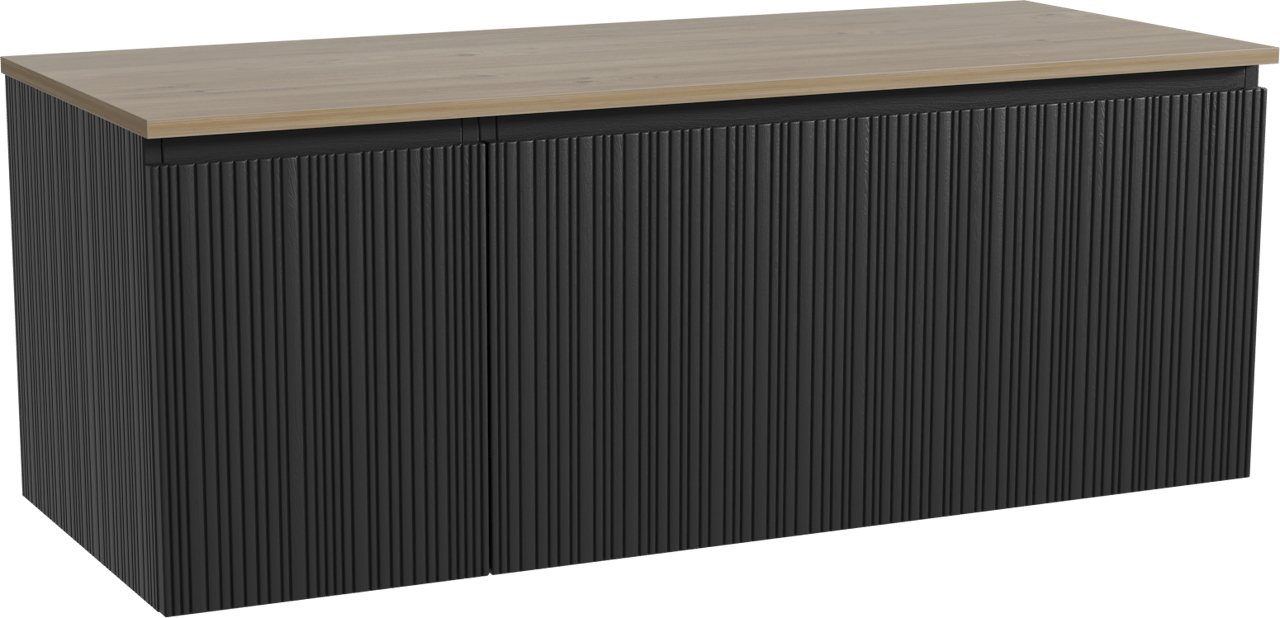 Storke Ribs zwevend badmeubel 130 x 52 cm zwart eiken met Panton enkel of dubbel wastafelblad in melamine ruw eiken, Verticale asymmetrische rechte ribbel