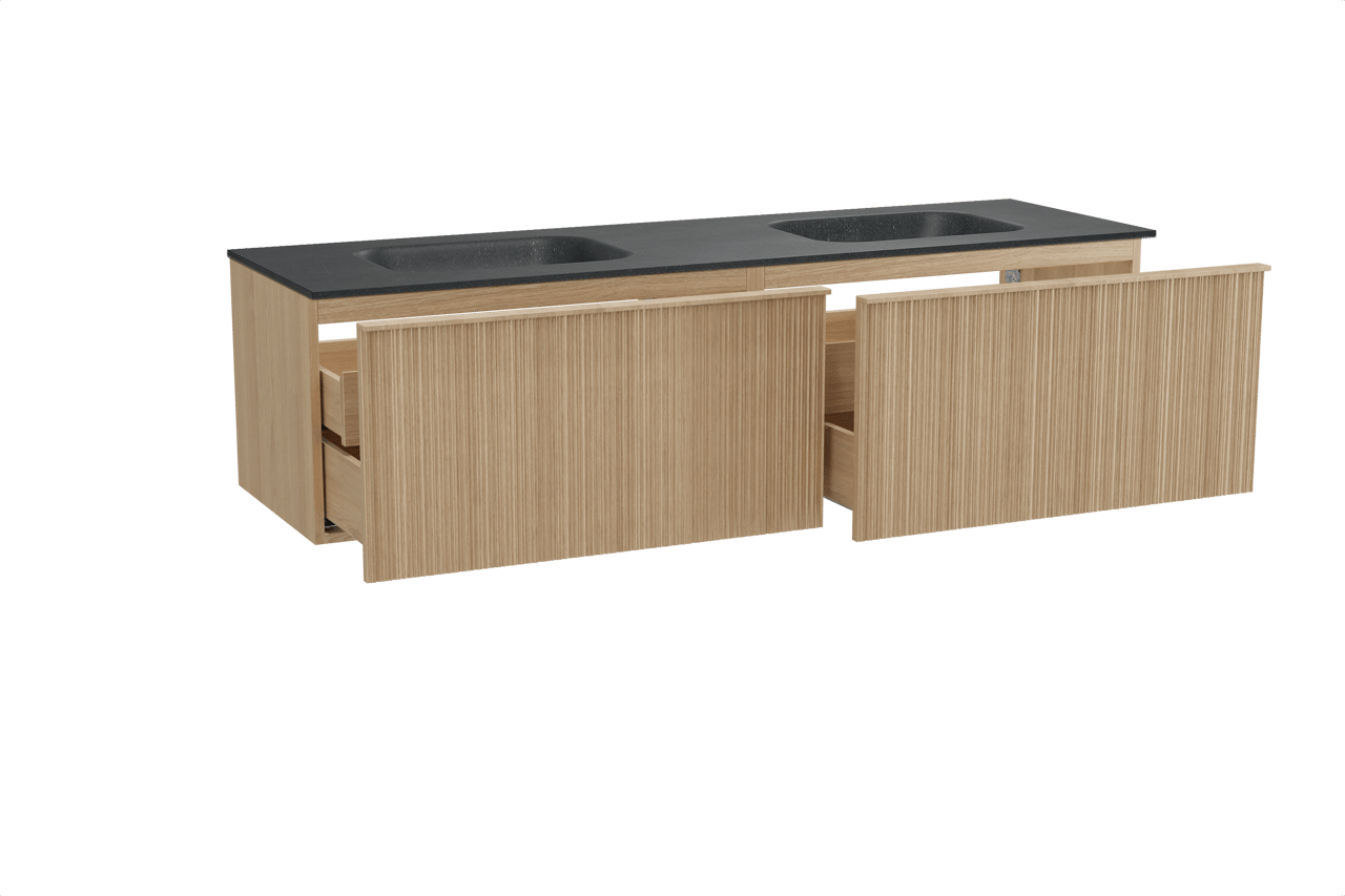 Balmani Forma zwevend badkamermeubel 180 x 55 cm natuur eik met Tablo Arcato dubbele wastafel in graniet zwart, Verticale asymmetrische ronde ribbel
