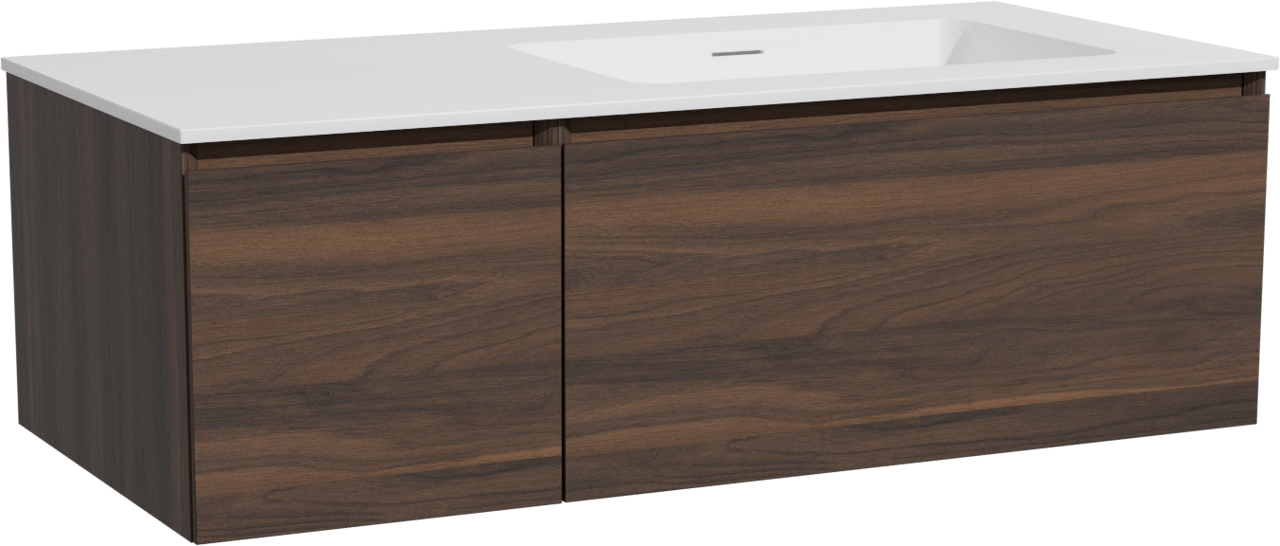 Storke Edge meuble salle de bains suspendu 110 x 52 cm noyer avec Mata vasque asymétrique droite en solid surface blanc mat