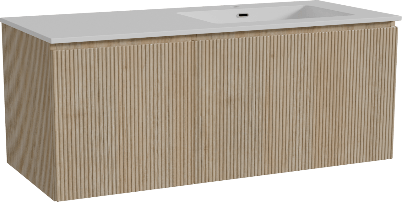 Storke Ribs zwevend badkamermeubel 120 x 52 cm ruwe eik met Diva asymmetrisch rechtse wastafel in composietmarmer glanzend wit, Verticale symmetrische rechte ribbel