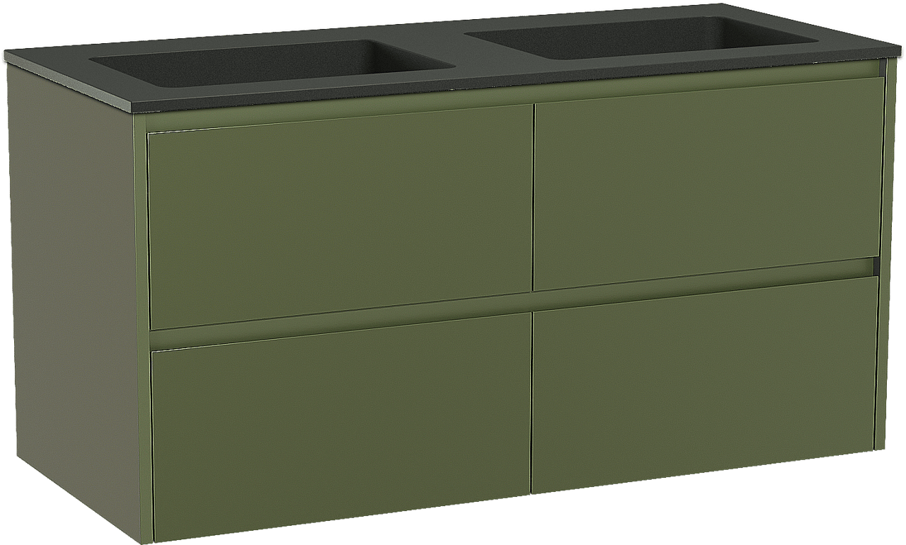 Storke Seda meuble salle de bains suspendu 120 x 52 cm vert olive avec Scuro double vasque en quartz noir mat