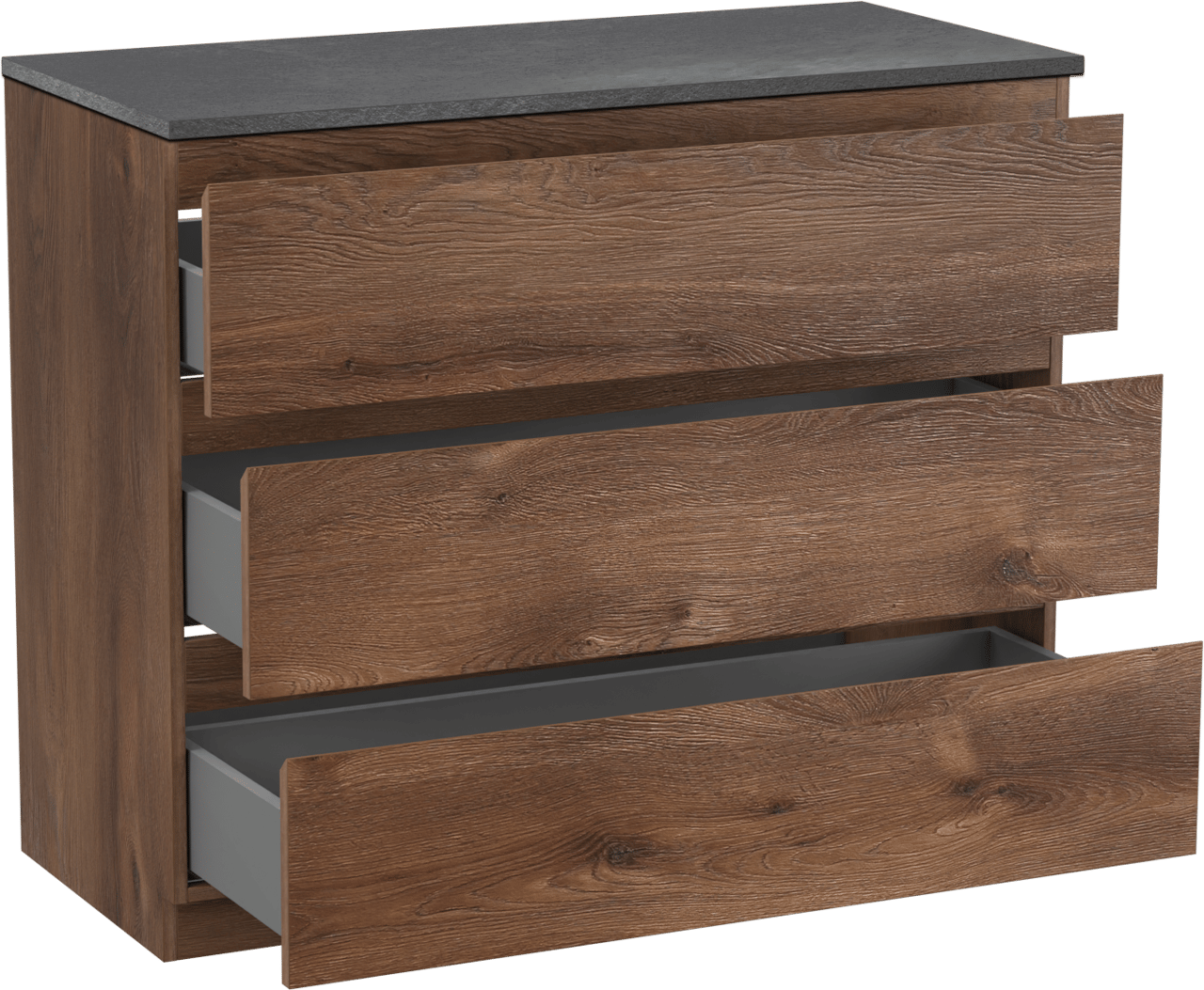 Linie Lado freistehendes Möbelstück Set: 100 x 46 cm, Braune Eiche, mit Lado Einzel- oder Doppel Waschtischplatte, Melamin Schiefergrau